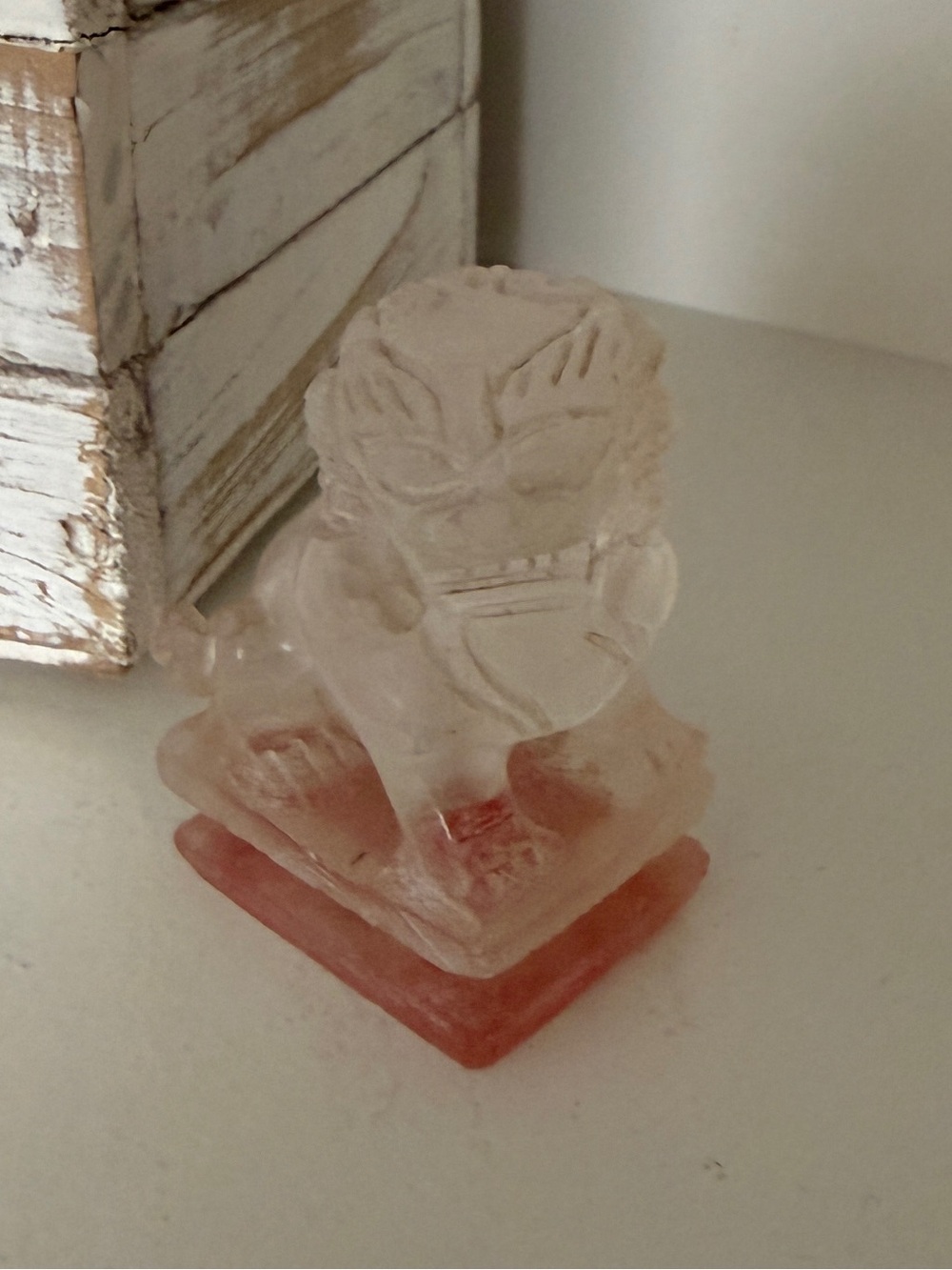 Chinese Clear Glass Foo Dog Temple Lion Figurine on a Colored Base